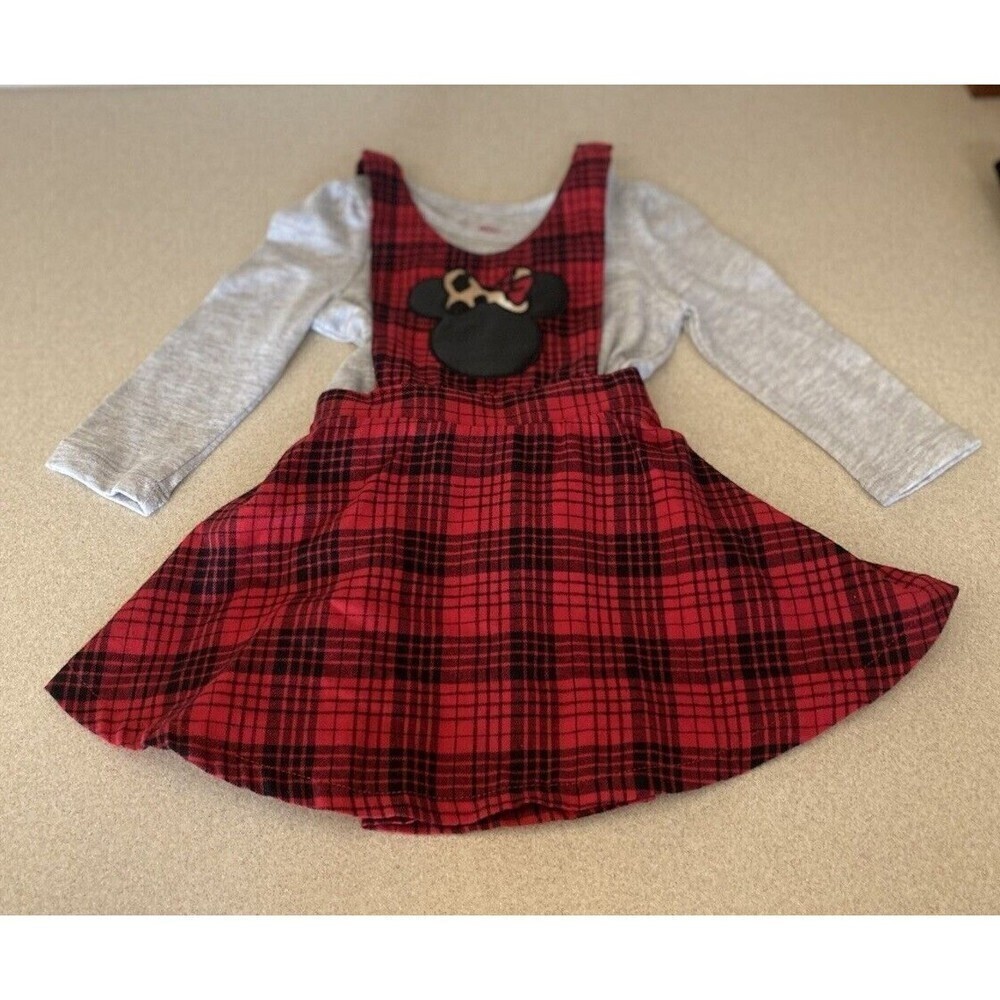 Disney Toddler Girls 12 Months Minnie Plaid Jumper Skirt With LS Shirt NEW